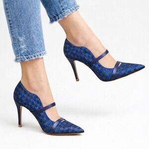 NEW Malone Souliers Navy Maureen Bicolor Woven Point Toe Pumps Heels 7.5 US 37.5